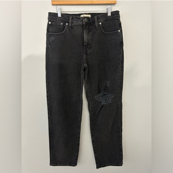 Madewell The Mid-Rise Perfect Vintage Straight Jeans Black Rosella Ripped - Picture 5 of 9
